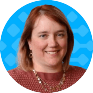 Ellen, Senior Consultant at Bursting Silver, smiling against a blue geometric background, representing the team's expertise in iMIS software solutions.