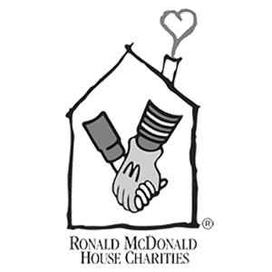 Ronald McDonald House Charities logo featuring two hands shaking, symbolizing support and community within a house outline.
