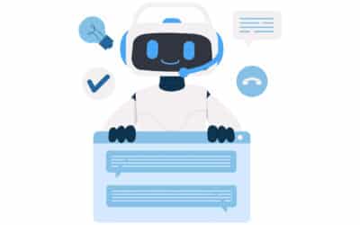 AI chatbot character with headset and smiling face, surrounded by icons representing communication, support, and problem-solving, illustrating benefits for nonprofits in managing member inquiries efficiently.