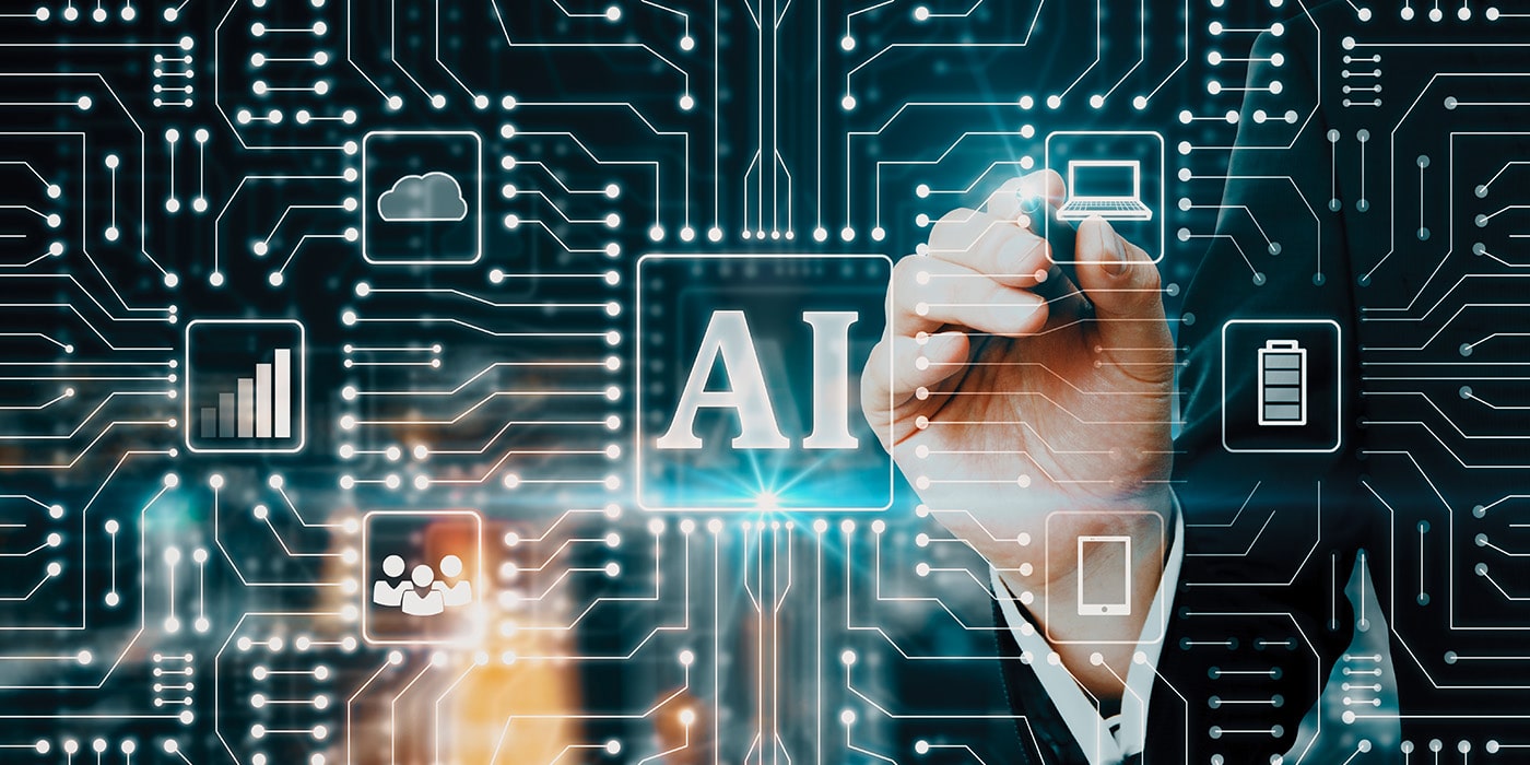 Hand interacting with digital circuit board featuring AI symbol and icons representing data analytics, cloud computing, and technology, emphasizing AI governance for nonprofits.