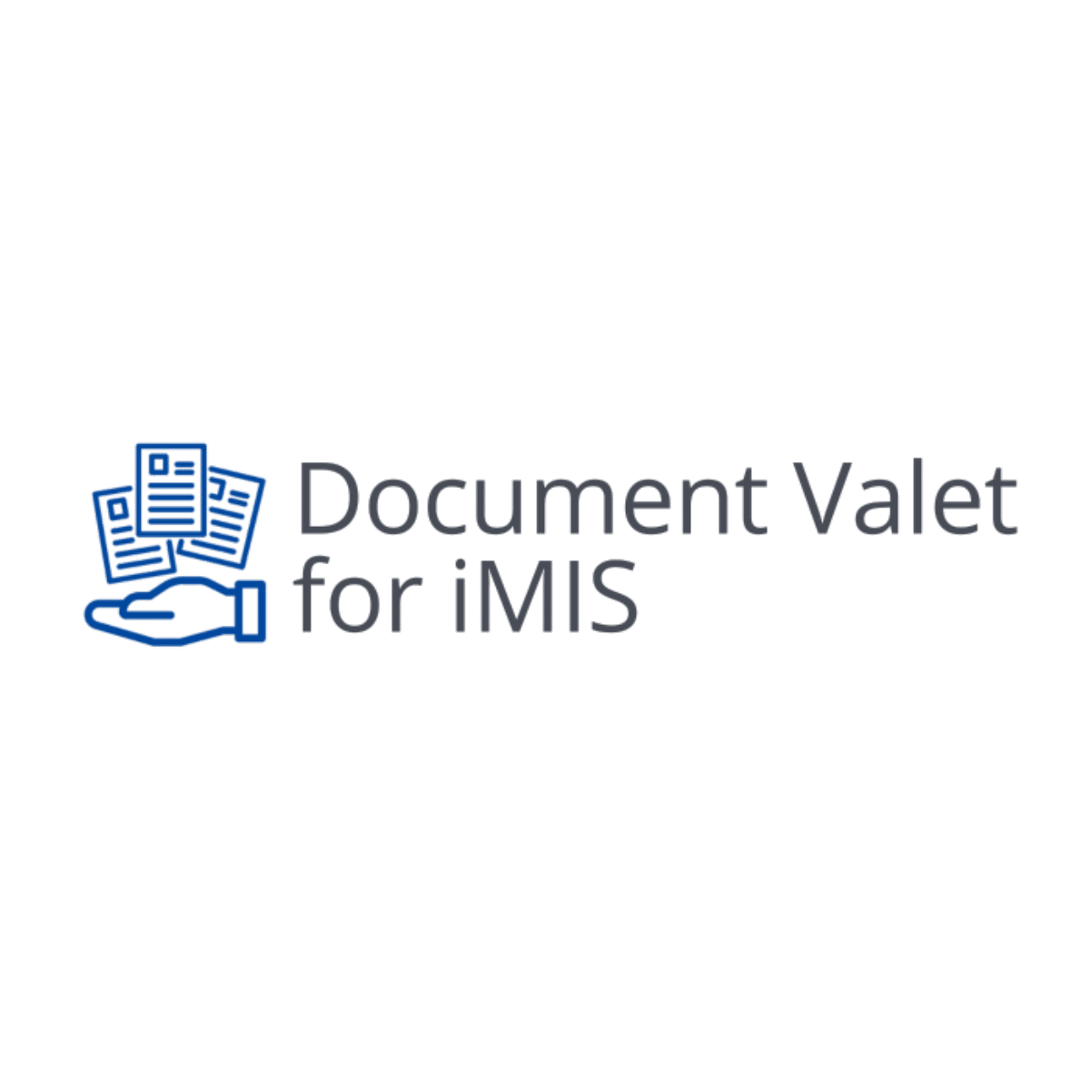 Document Valet for iMIS logo featuring a hand holding documents, representing secure document management and integration with iMIS systems.